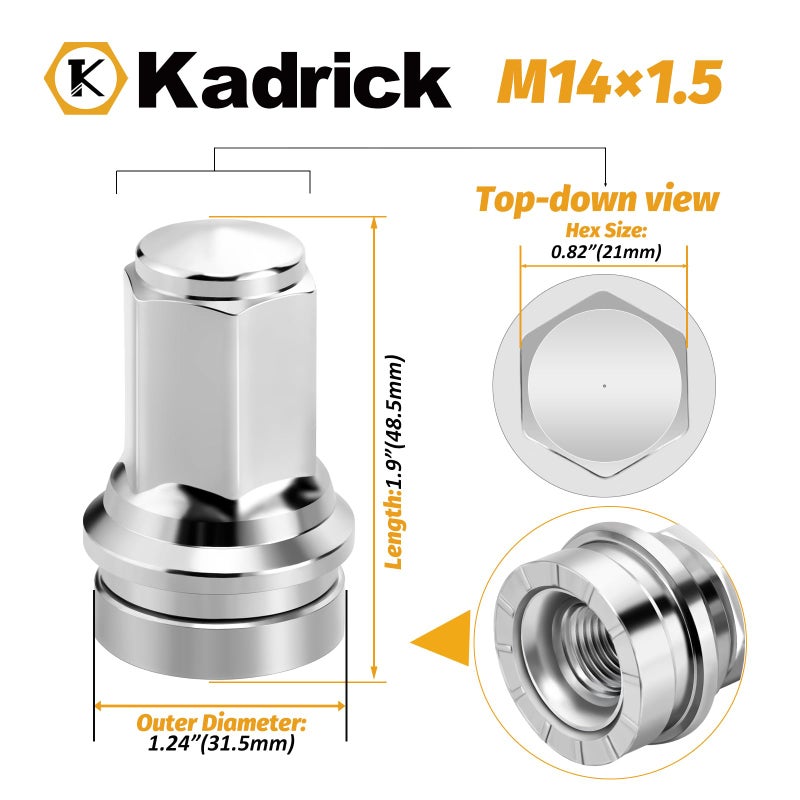 Kadrick M14*1.5 Ford F250 Lug Nuts 32Pcs,Replacement for 2017-2024 Ford F250/F350/F450/F550/F600, 21mm Hex 48mm Length Chrome OEM Factory Style Wheel Nuts with Attached Washers HCPZ-1012-B HCPZ-1012-A - Image 2
